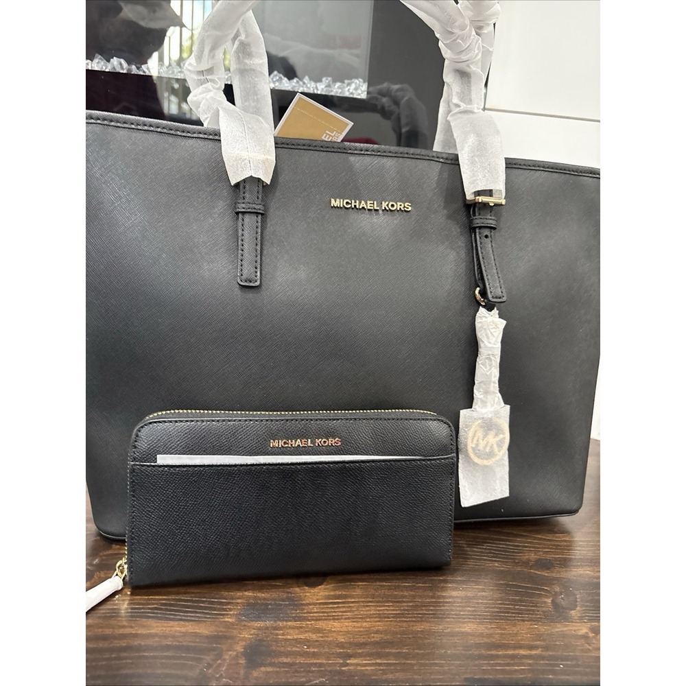 Michael Kors Black Leather Tote Handbag and Wallet Set Jet Set Medium NWT